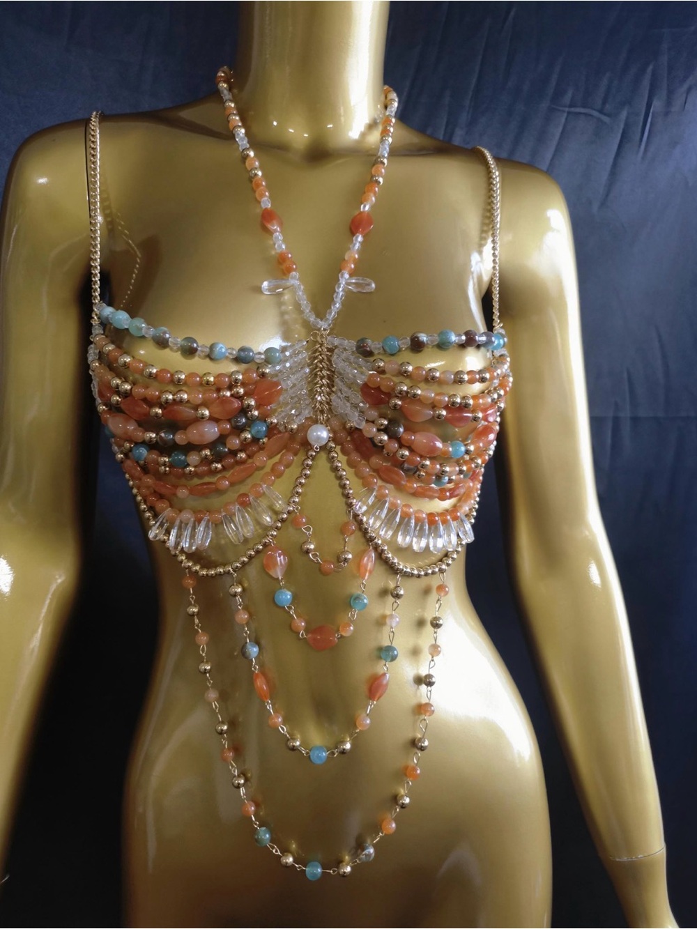 Turquoise & Brown Beaded Festival Swimwear Vacation Over Bra